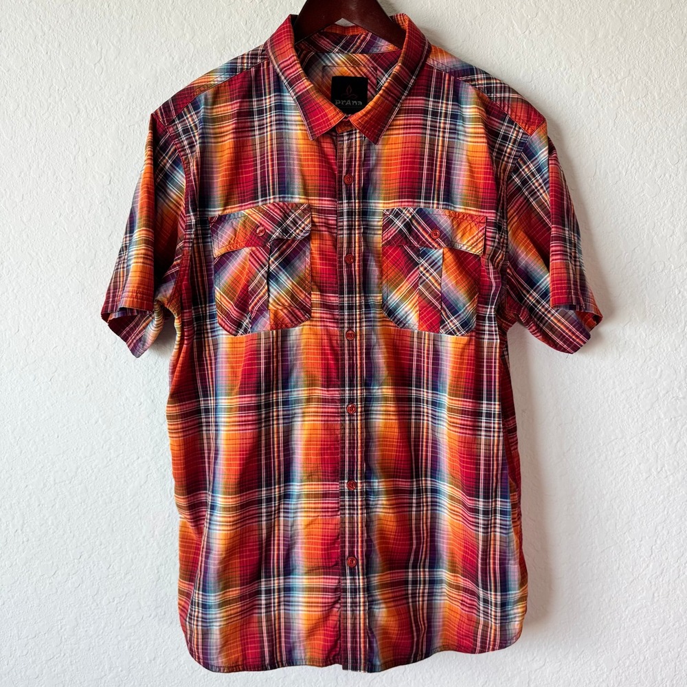 prAna Mens XL Multi Color Plaid Short Sleeve Button Down Shirt M1OSTE115 Red